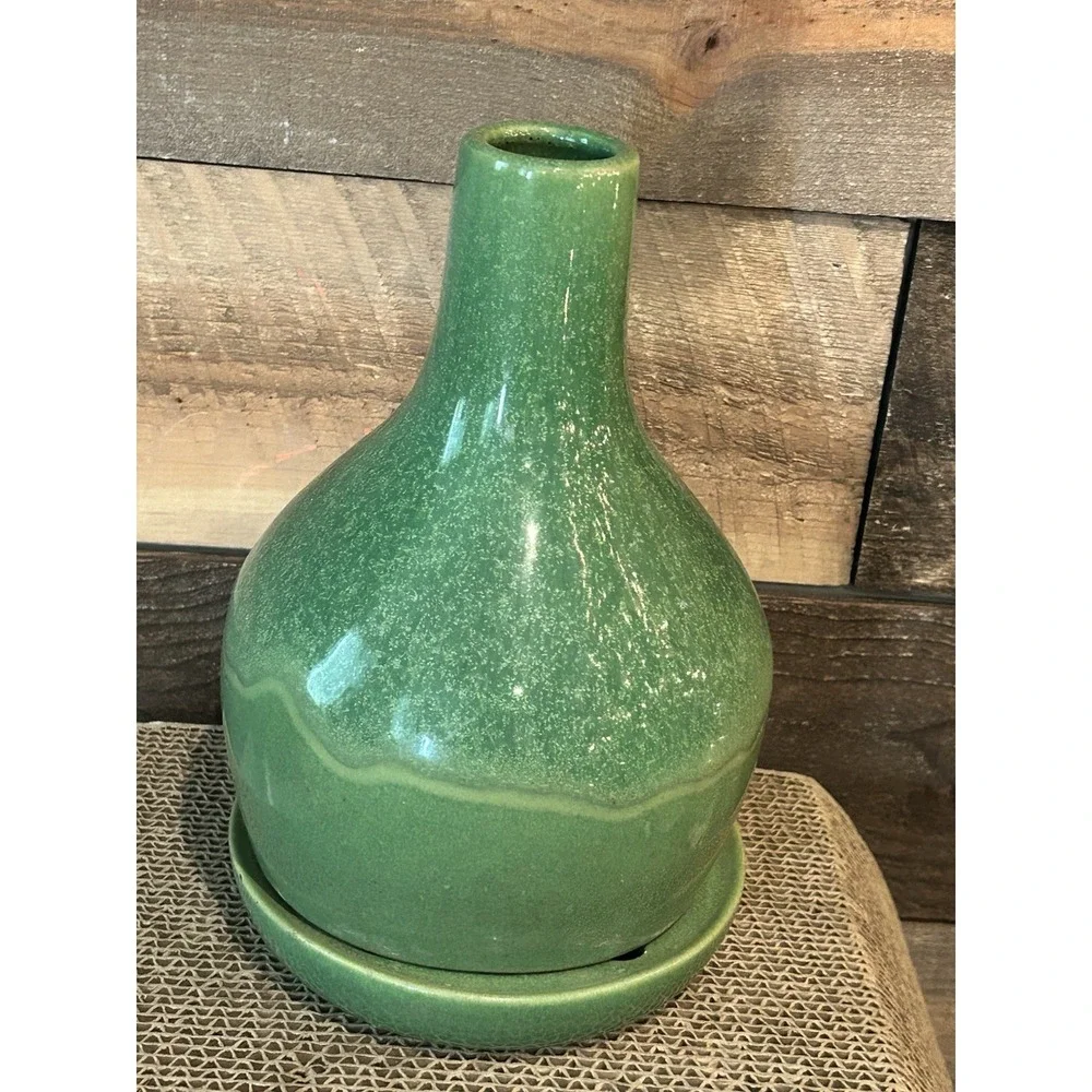 Ceramic Vase Pot Attached Drip Plate Green Glaze Vintage Terra Beautiful‎